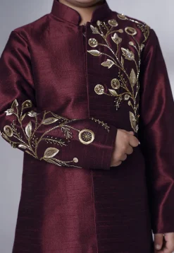 Hand Embroidered Dupion Silk Sherwani Set in Wine