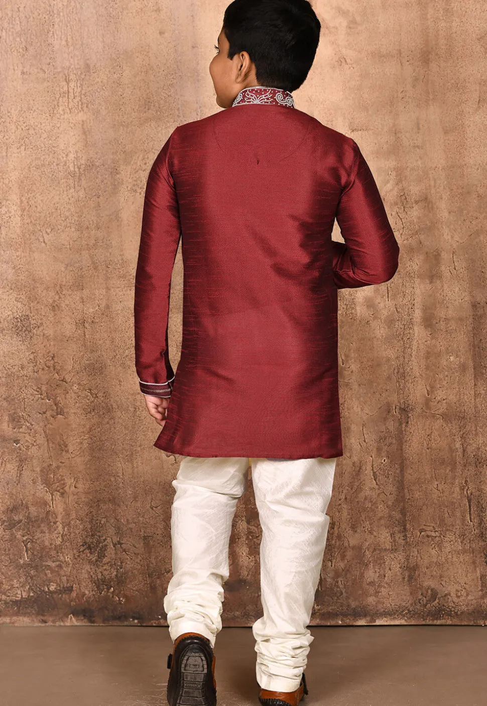 Hand Embroidered Dupion Silk Kurta Set in Maroon