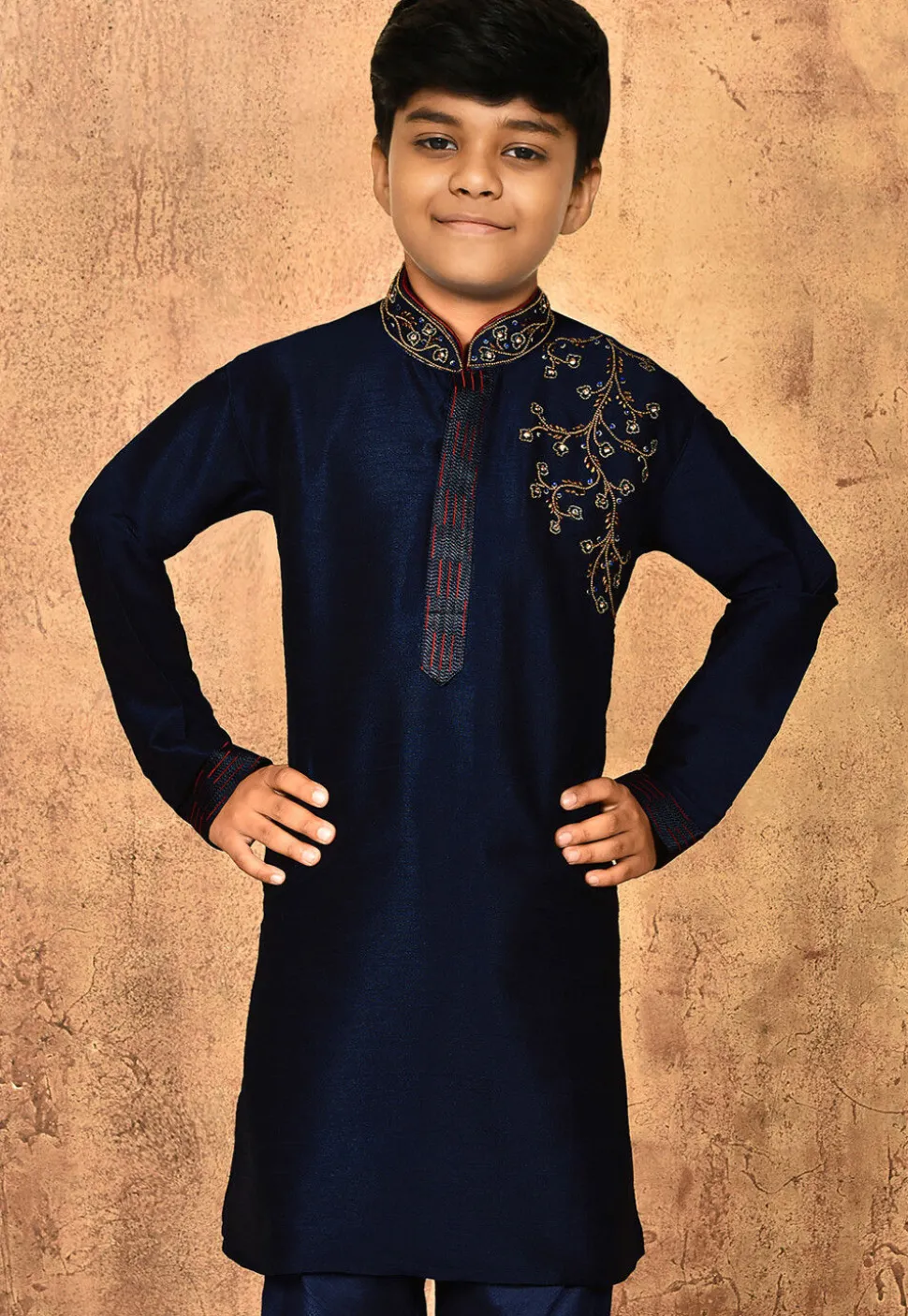 Hand Embroidered Dupion Silk Kurta in Navy Blue