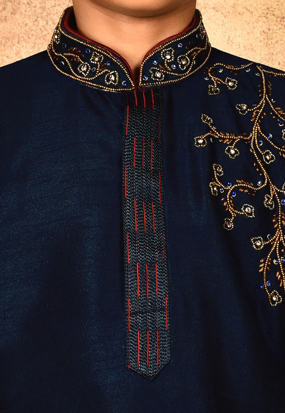 Hand Embroidered Dupion Silk Kurta in Navy Blue