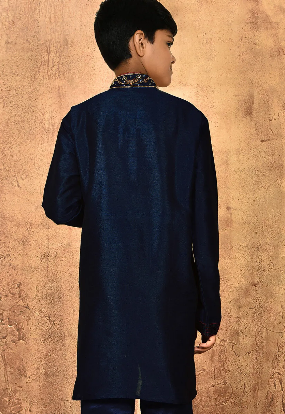 Hand Embroidered Dupion Silk Kurta in Navy Blue