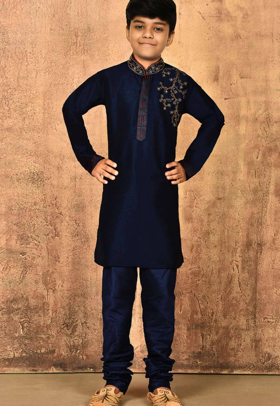 Hand Embroidered Dupion Silk Kurta in Navy Blue