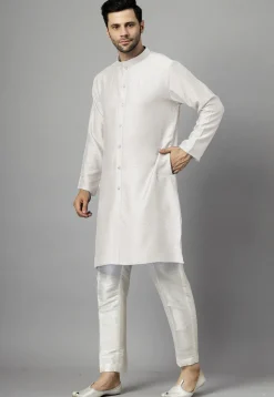 Hand Embroidered Dupion Silk Kurta Set in Off White