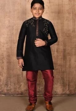 Hand Embroidered Dupion Silk Kurta Set in Black