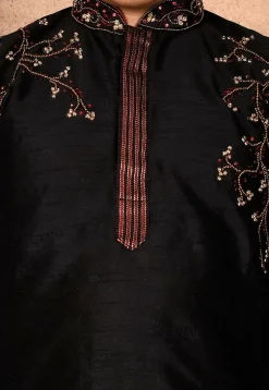 Hand Embroidered Dupion Silk Kurta Set in Black