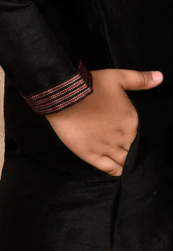 Hand Embroidered Dupion Silk Kurta Set in Black