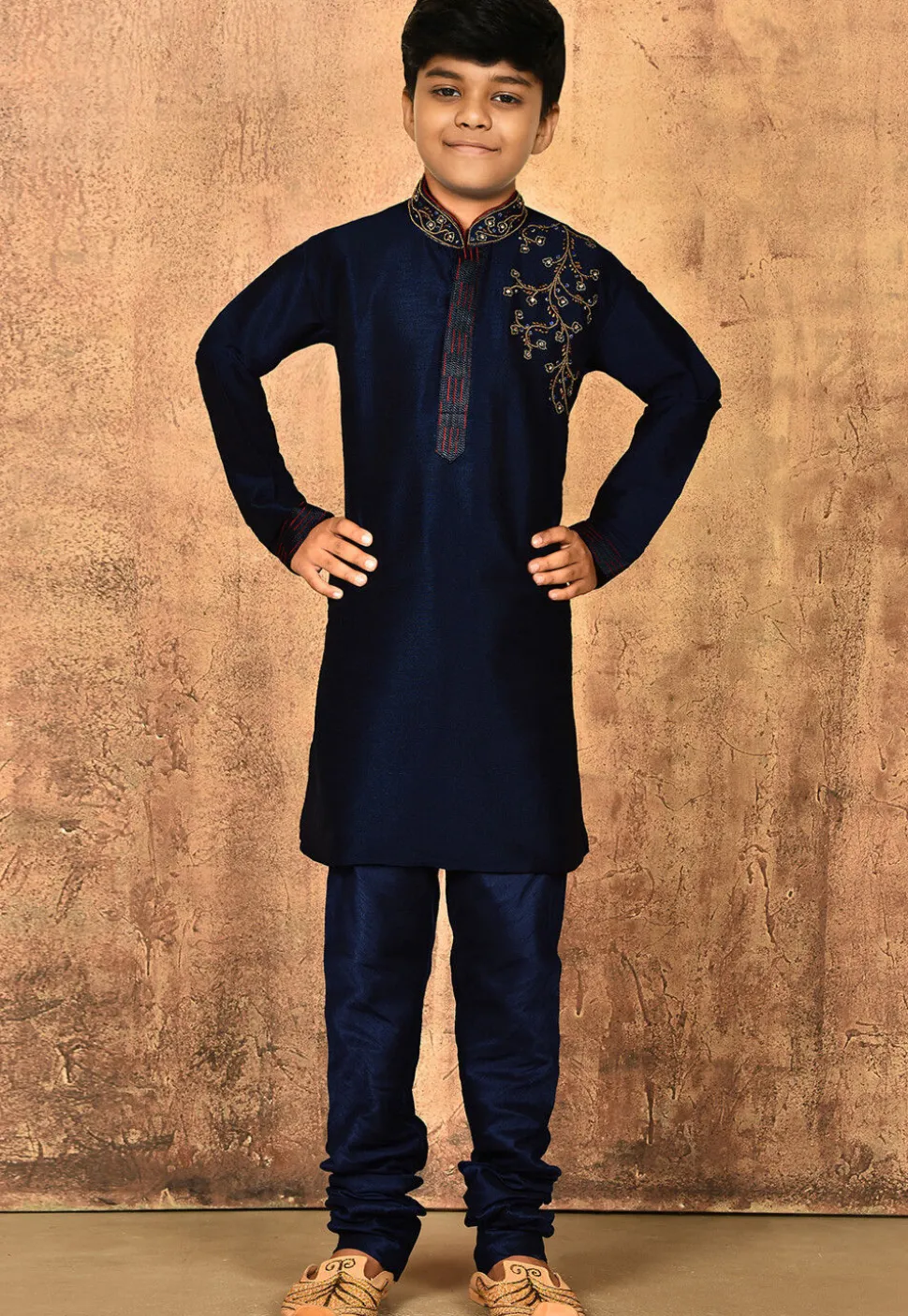 Hand Embroidered Dupion Silk Kurta Set in Navy Blue