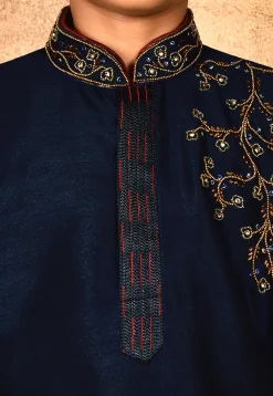 Hand Embroidered Dupion Silk Kurta Set in Navy Blue
