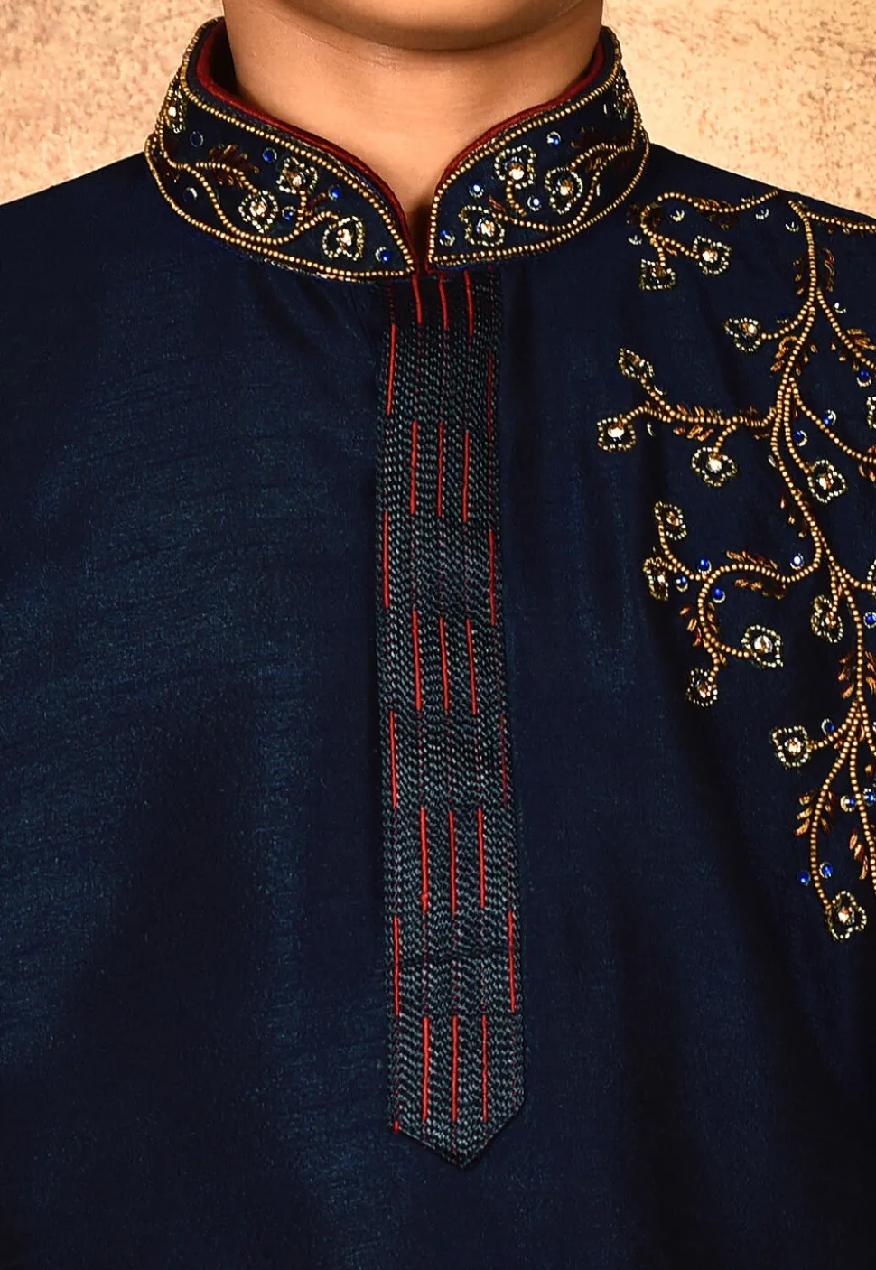 Hand Embroidered Dupion Silk Kurta Set in Navy Blue