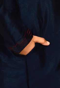 Hand Embroidered Dupion Silk Kurta Set in Navy Blue
