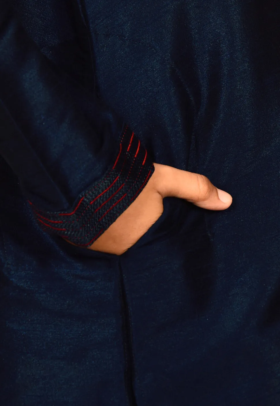 Hand Embroidered Dupion Silk Kurta Set in Navy Blue