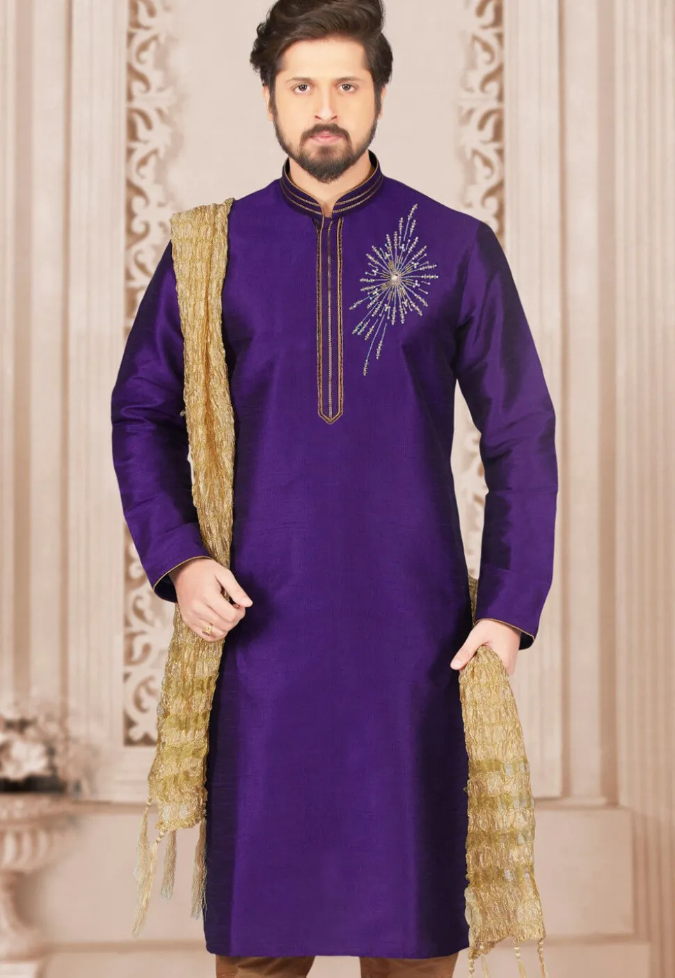 Hand Embroidered Dupion Silk Kurta in Purple
