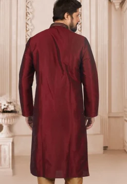Hand Embroidered Dupion Silk Kurta in Maroon