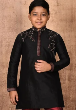 Hand Embroidered Dupion Silk Kurta in Black