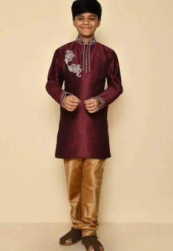 Hand Embroidered Dupion Silk Kurta Set in Maroon