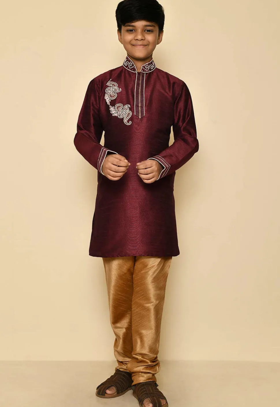 Hand Embroidered Dupion Silk Kurta Set in Maroon