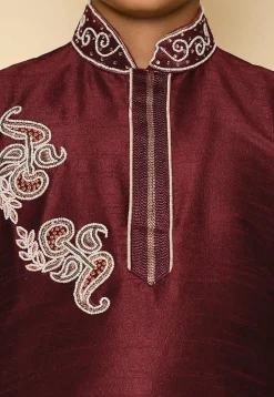 Hand Embroidered Dupion Silk Kurta Set in Maroon