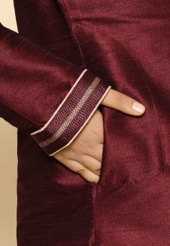 Hand Embroidered Dupion Silk Kurta Set in Maroon
