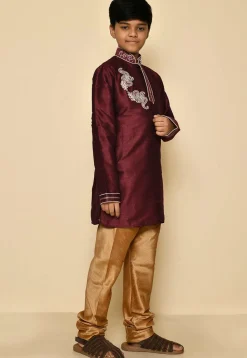 Hand Embroidered Dupion Silk Kurta Set in Maroon