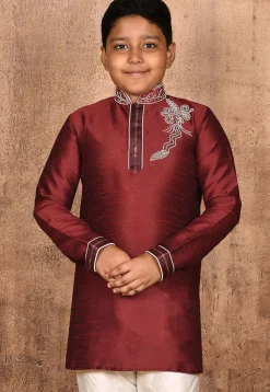 Hand Embroidered Dupion Silk Kurta in Maroon