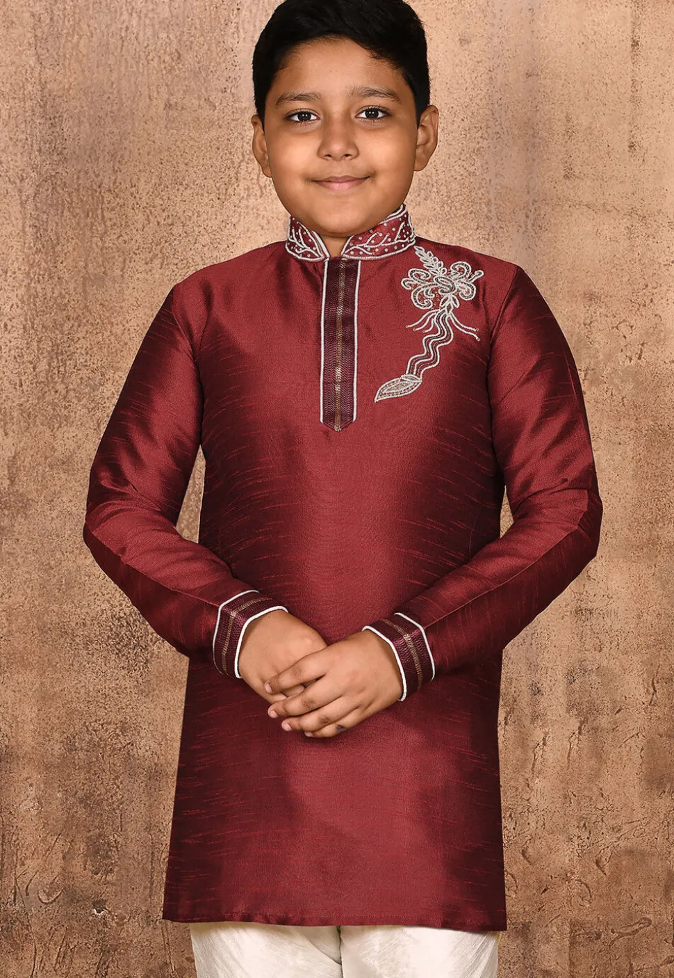 Hand Embroidered Dupion Silk Kurta in Maroon