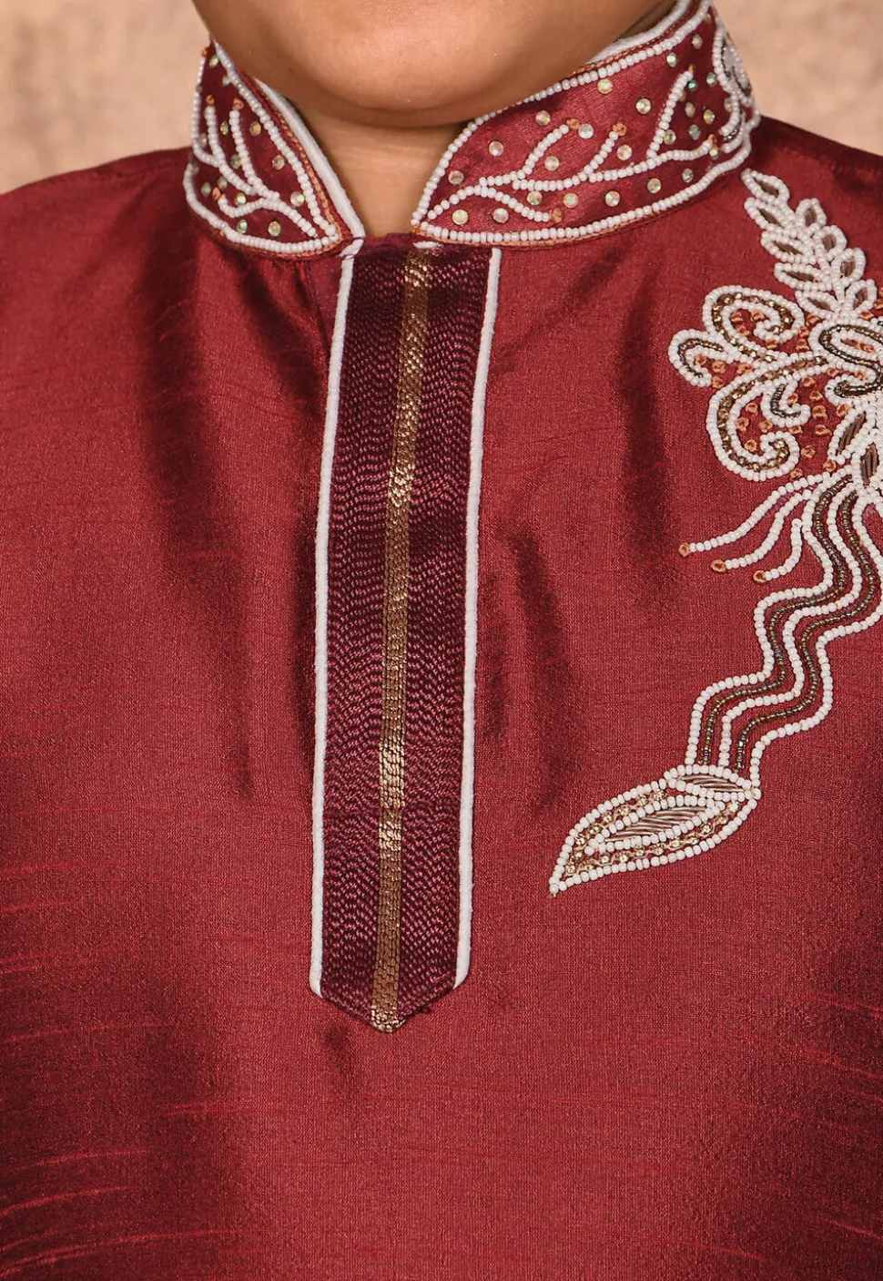 Hand Embroidered Dupion Silk Kurta in Maroon