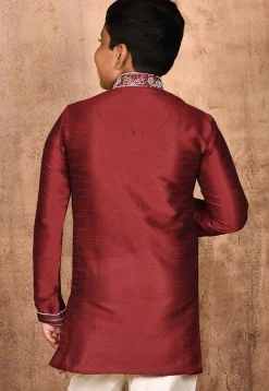 Hand Embroidered Dupion Silk Kurta in Maroon