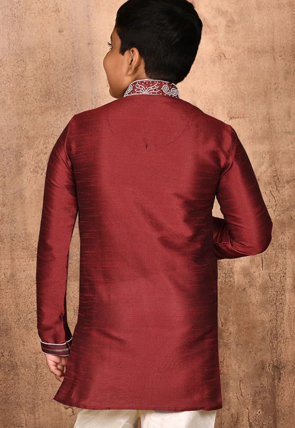 Hand Embroidered Dupion Silk Kurta in Maroon