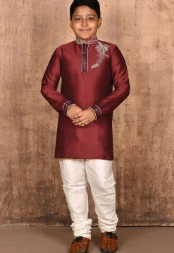 Hand Embroidered Dupion Silk Kurta in Maroon