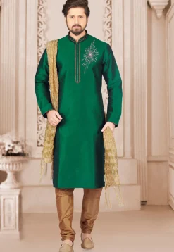 Hand Embroidered Dupion Silk Kurta Set in Green