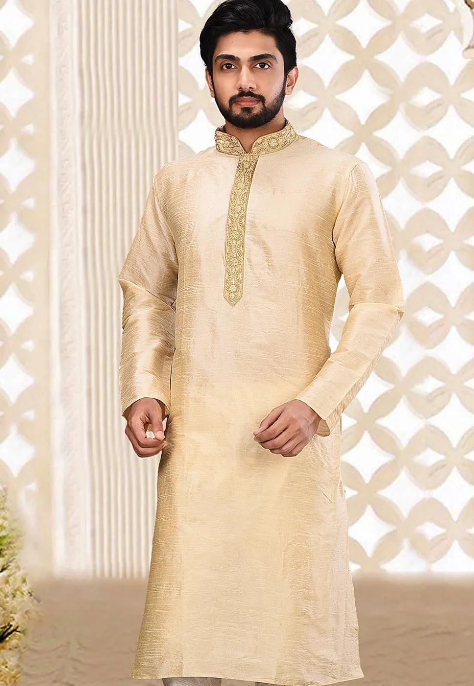 Hand Embroidered Dupion Silk Kurta in Light Beige
