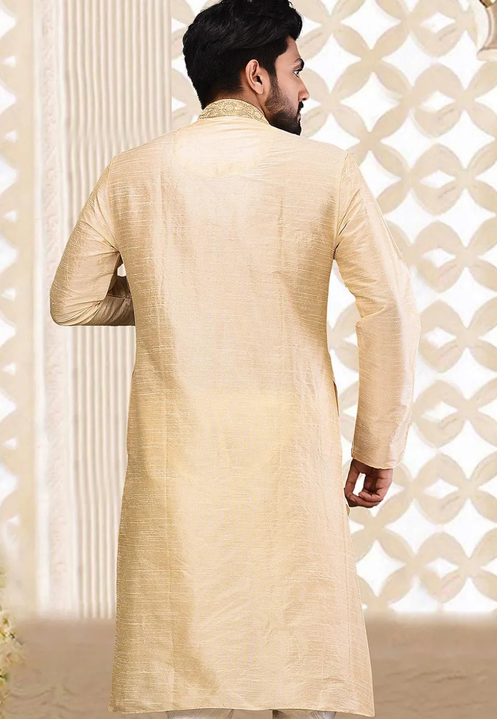 Hand Embroidered Dupion Silk Kurta in Light Beige
