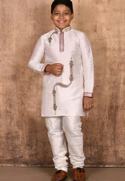 Hand Embroidered Dupion Silk Kurta Set in Off White