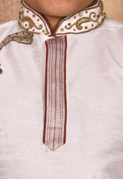 Hand Embroidered Dupion Silk Kurta Set in Off White