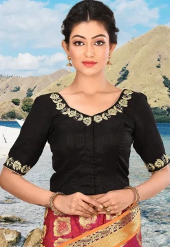 Hand Embroidered Dupion Silk Blouse in Black