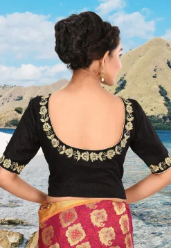 Hand Embroidered Dupion Silk Blouse in Black