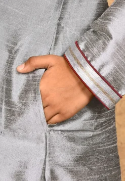 Hand Embroidered Dupion Silk Kurta in Grey