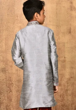 Hand Embroidered Dupion Silk Kurta in Grey