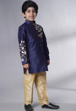 Hand Embroidered Dupion Silk Sherwani Set in Navy Blue