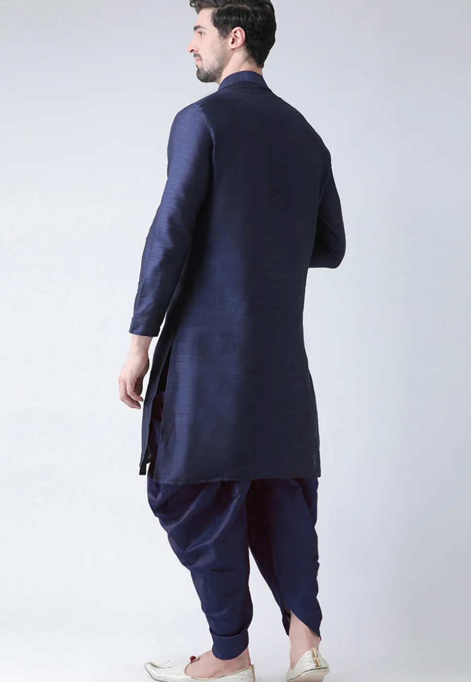 Hand Embroidered Dupion Silk Kurta Set in Navy Blue