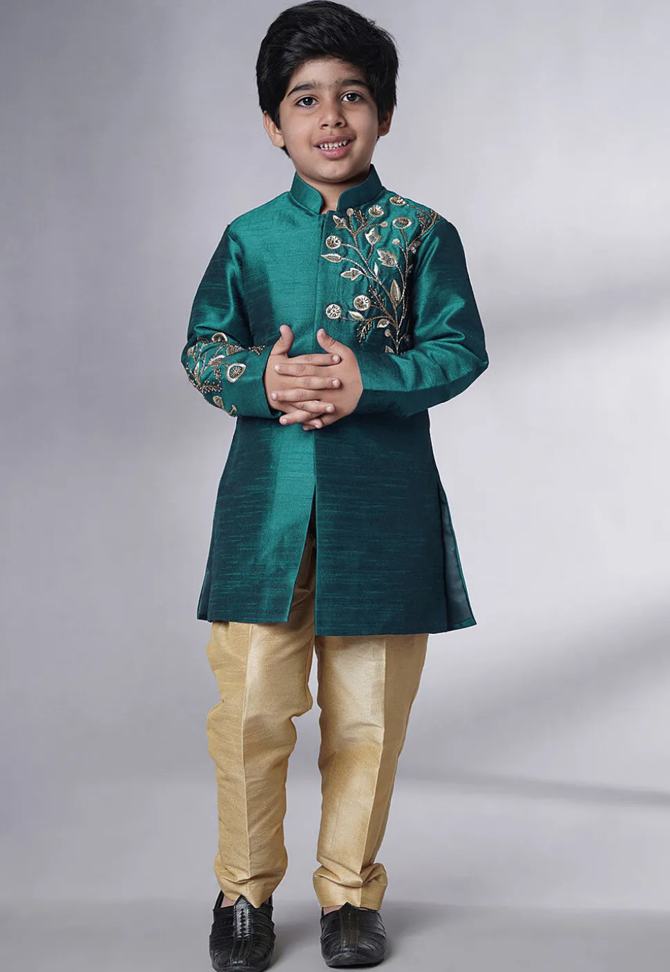 Hand Embroidered Dupion Silk Sherwani Set in Teal Green