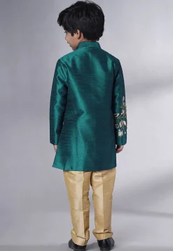 Hand Embroidered Dupion Silk Sherwani Set in Teal Green