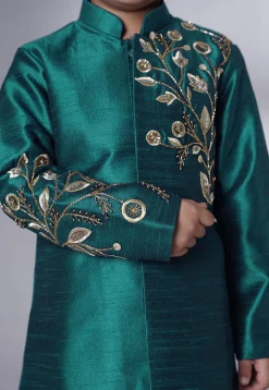Hand Embroidered Dupion Silk Sherwani Set in Teal Green