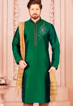 Hand Embroidered Dupion Silk Kurta in Green