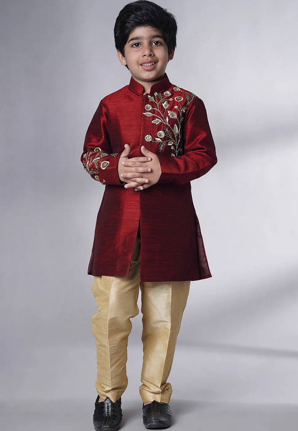 Hand Embroidered Dupion Silk Sherwani Set in Maroon