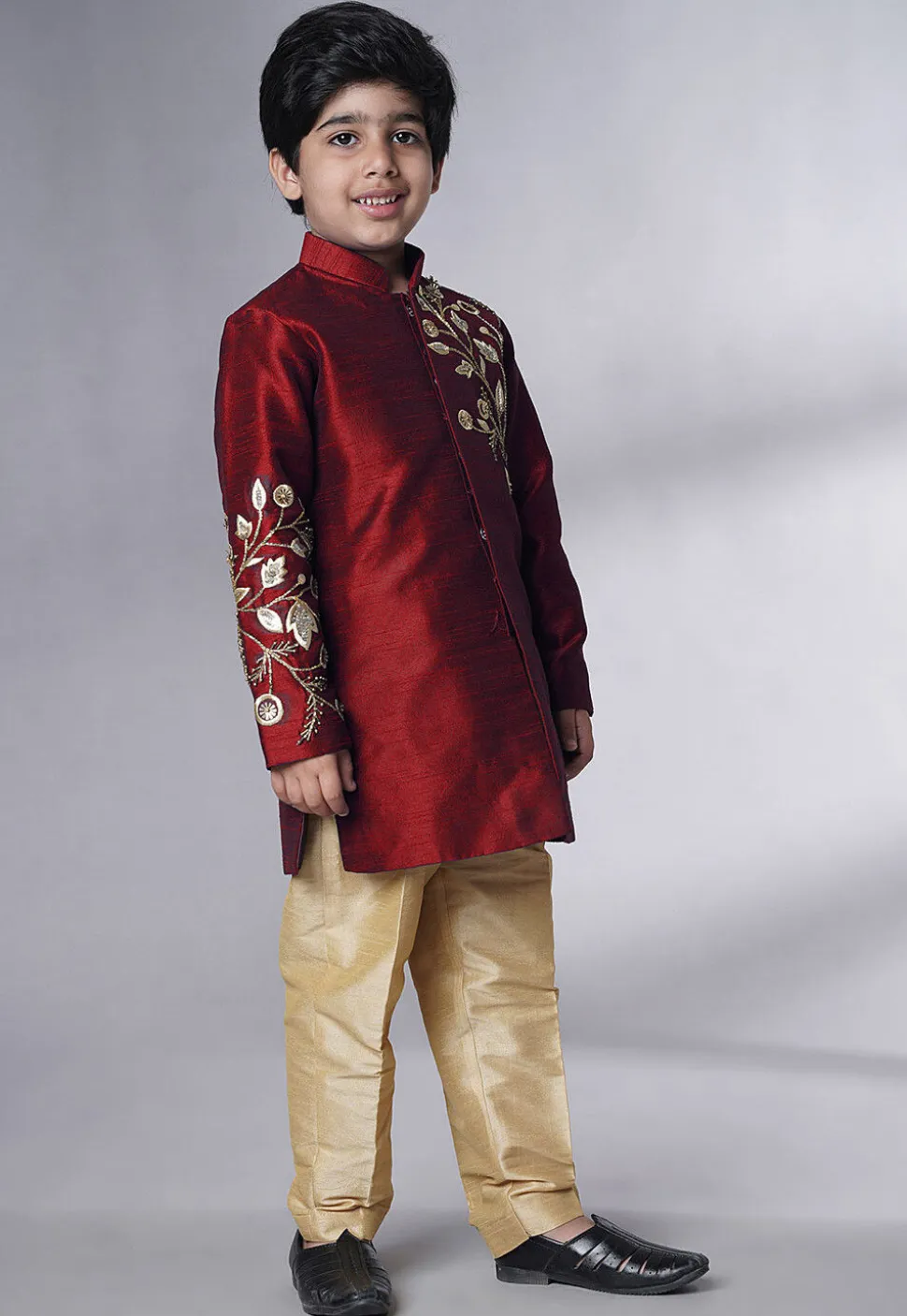 Hand Embroidered Dupion Silk Sherwani Set in Maroon