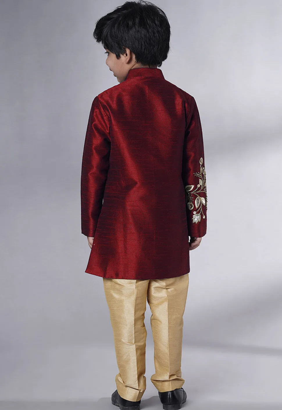 Hand Embroidered Dupion Silk Sherwani Set in Maroon