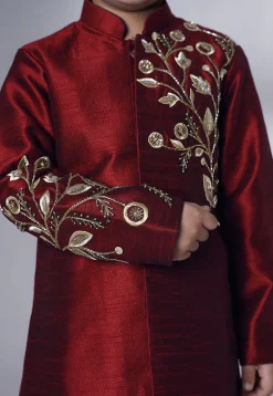 Hand Embroidered Dupion Silk Sherwani Set in Maroon