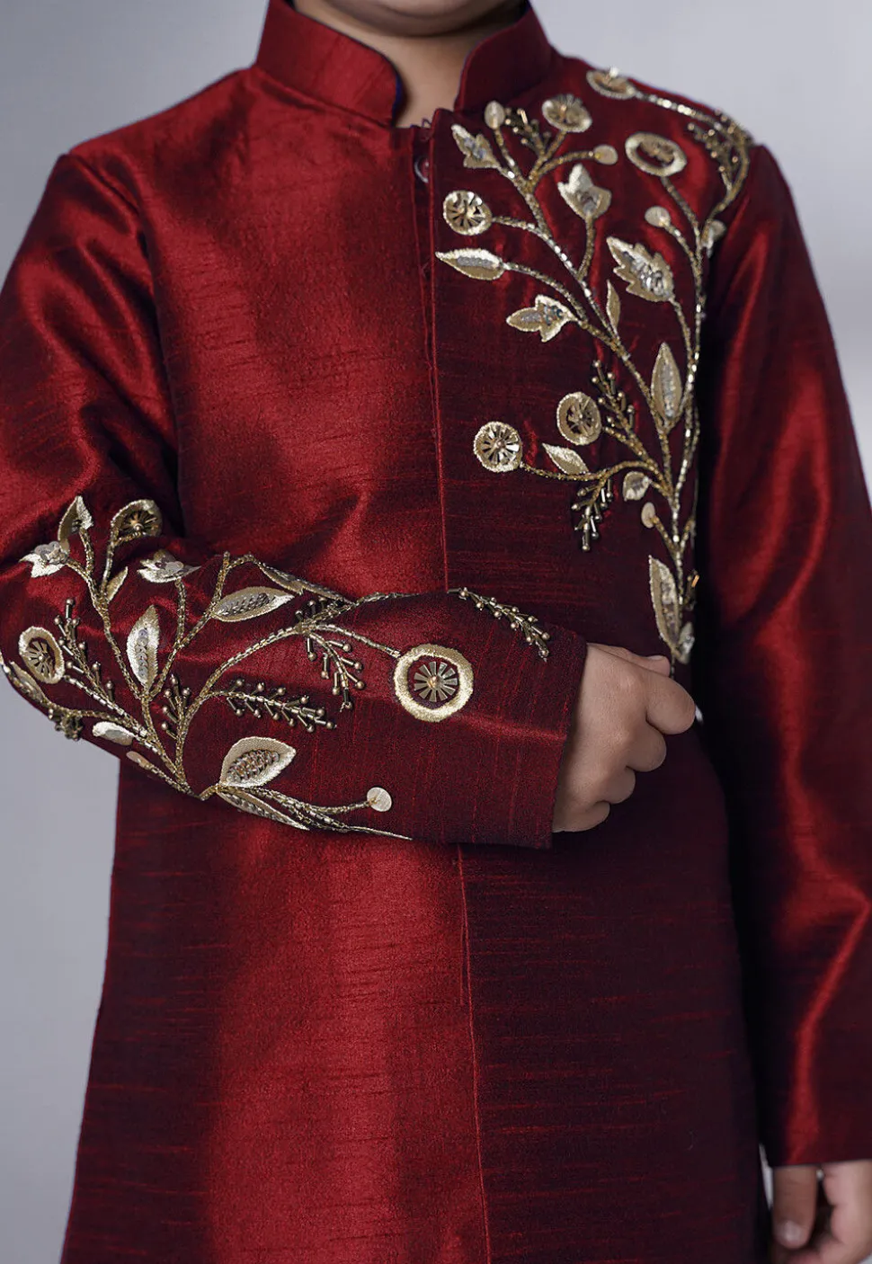 Hand Embroidered Dupion Silk Sherwani Set in Maroon
