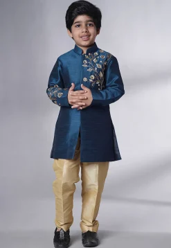 Hand Embroidered Dupion Silk Sherwani Set in Teal Blue
